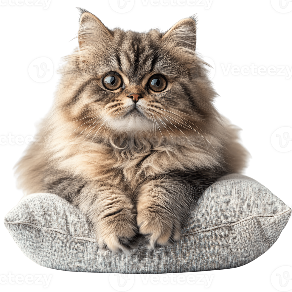 Beautiful Persian Cat Resting Comfortably on Plush Pillow Isolated on Transparent Background png