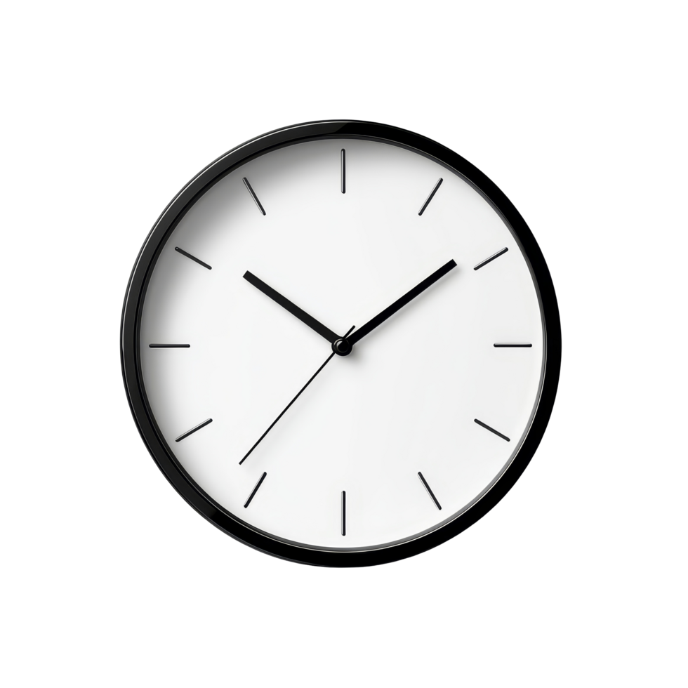A simple wall clock with a black frame and minimal design casting a soft shadow on a transparent background, simple wall clock, file of isolated object with shadow on transparent background png