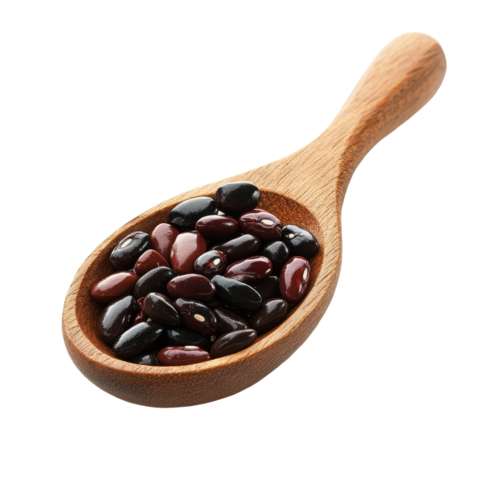 A wooden spoon filled with assorted beans isolated on a transparent background for culinary use, beans in wood spoon isolated on transparent background png