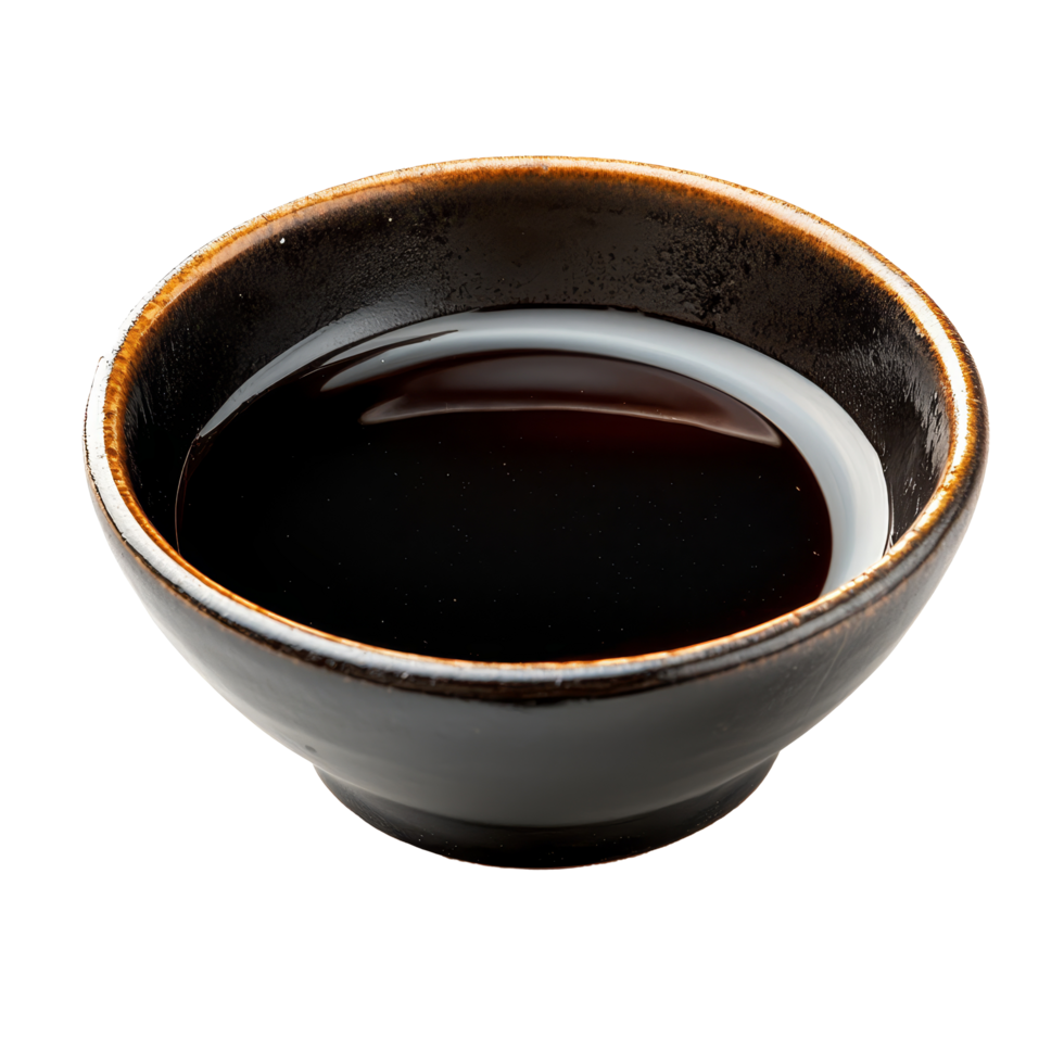 A classic black Asian soy sauce dish isolated on a clean transparent background for culinary presentation, Isolated black asian soy sauce dish png