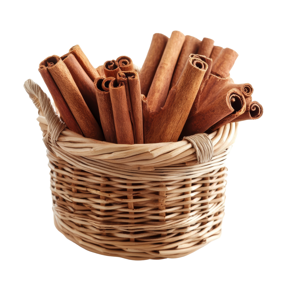 Cinnamon sticks arranged in a woven basket on a transparent background showcasing natural spice textures and colors, Cinnamon in basket on transparent background png