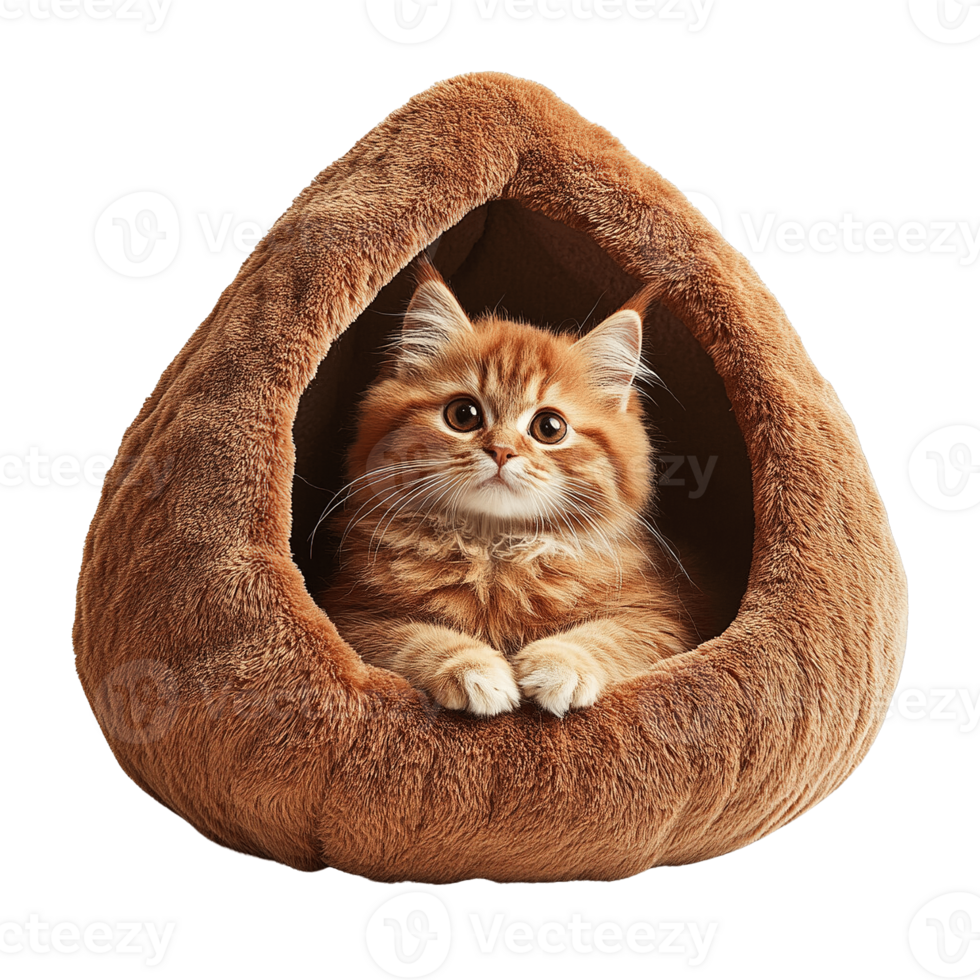 Fluffy Kitten Relaxing in Luxurious Soft Plush Pet Bed with Cave Design on Transparent Background png