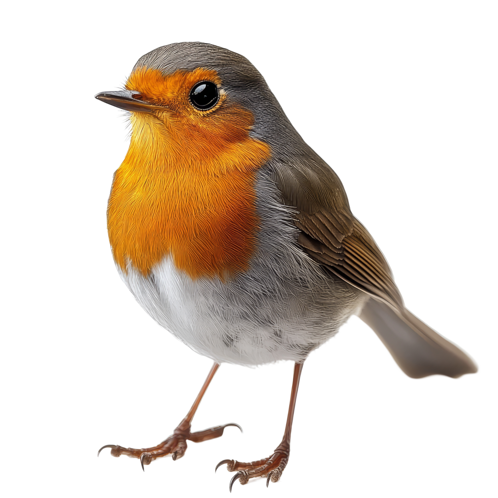 A vibrant robin stands elegantly against a transparent background showcasing its bright orange breast and delicate features, robin on transparent background png