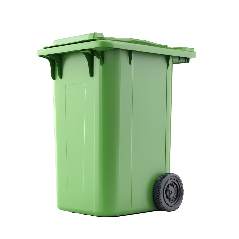Green trash bin on transparent background ready for waste collection and proper disposal in a clean environment, green trash bin.rubbish bin on transparent backgroundfile png