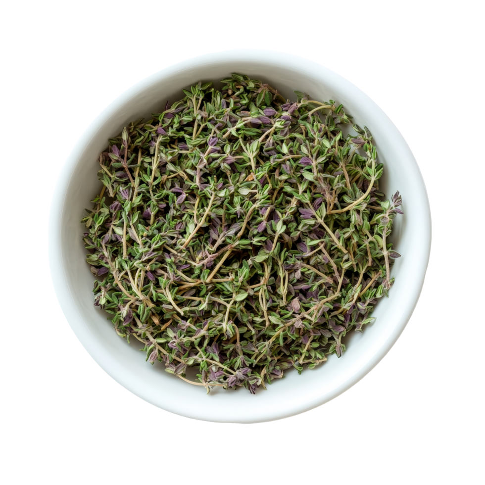 Dry thyme leaves in a transparent bowl isolated on a plain background for culinary and decorative uses, dry thyme leaves in transparent bowl isolated on transparent background png