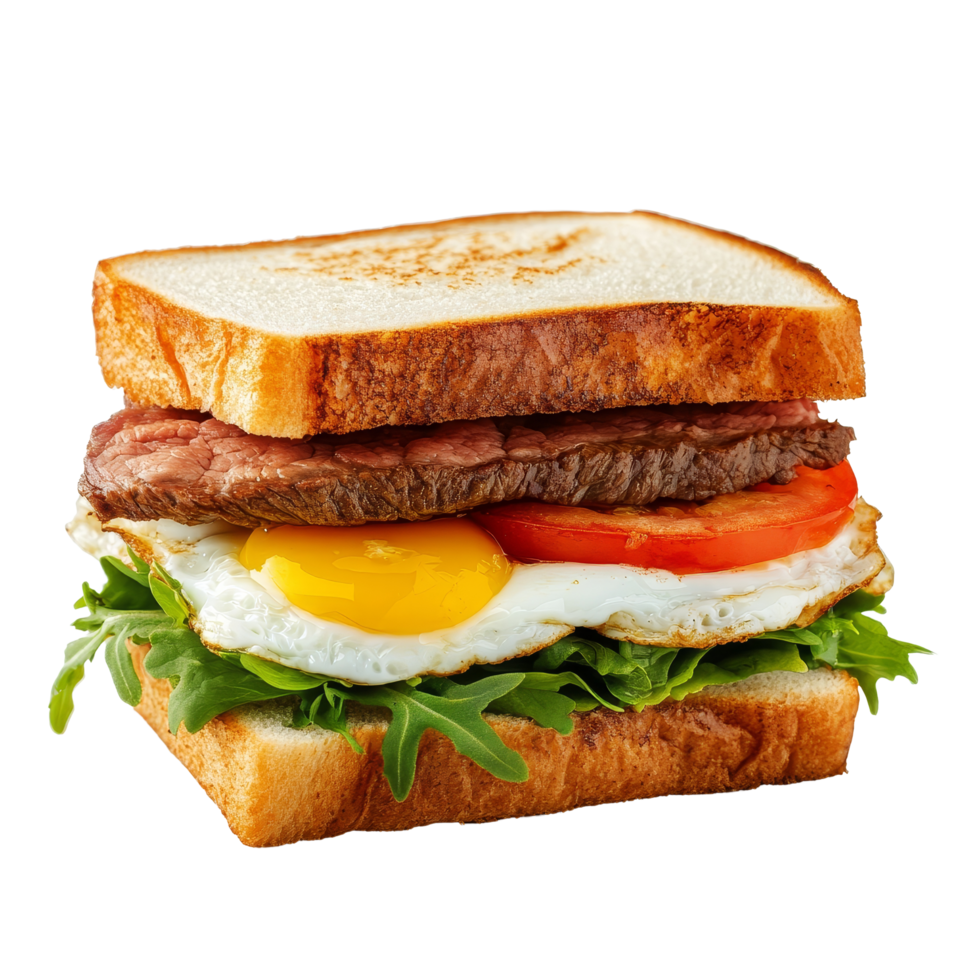 Delicious beef and egg sandwich on toasted bread featuring fresh vegetables against a transparent background, sandwich of beef and eggs isolated on transparent background png
