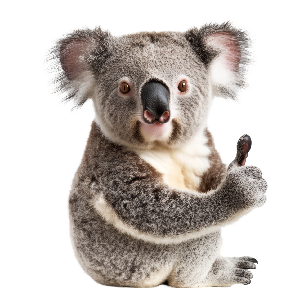 A cute koala giving a thumbs up against a transparent background, showcasing playful nature and charm in a delightful pose, Cute Koala Giving Thumbs Up Isolated on transparent background png