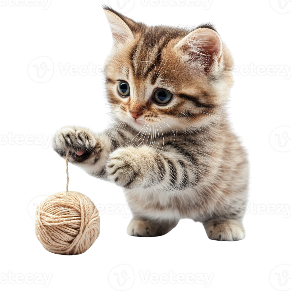 Sweet and Playful Kitten Pawing and Chasing Yarn Isolated on Transparent Background png