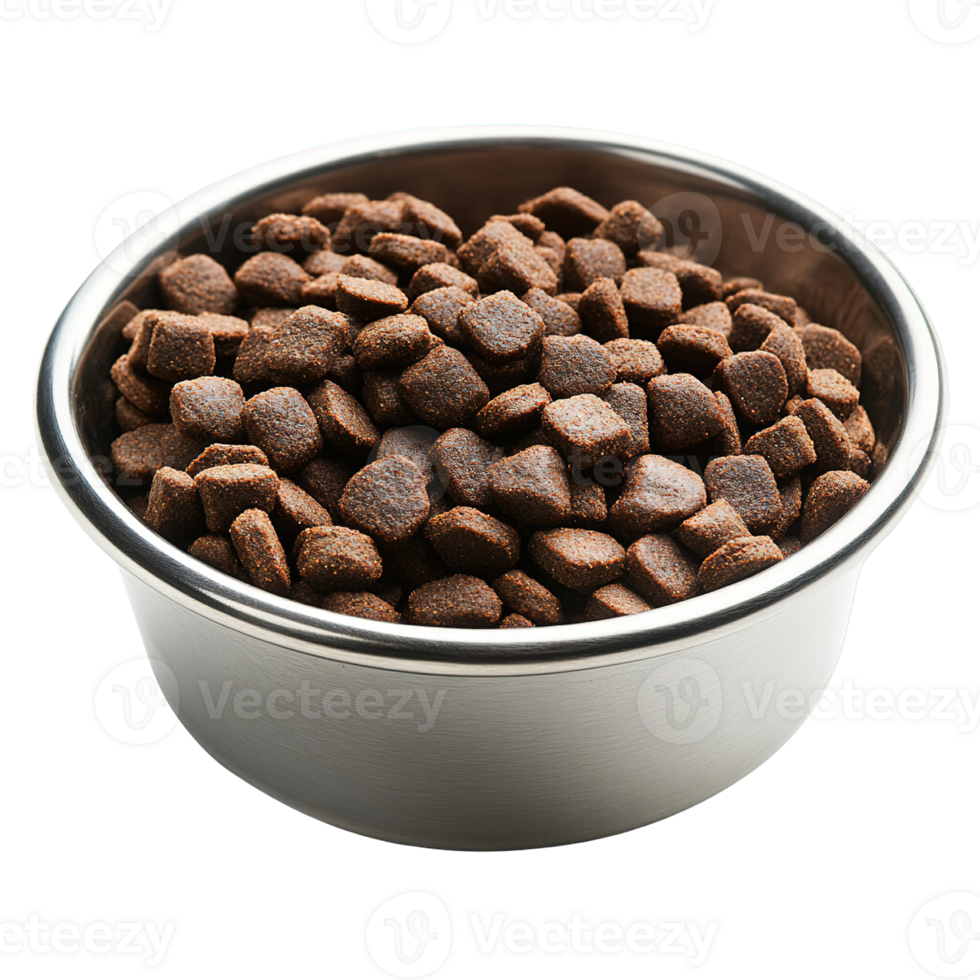 Sturdy Metal Bowl Filled with Dry Kibble for Dogs and Cats Isolated on Transparent Background png