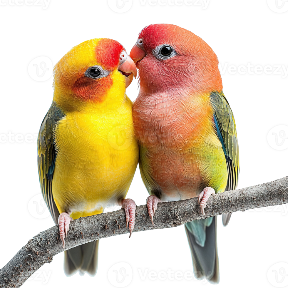 Adorable Lovebirds Perched and Nuzzling Each Other with Bright Feathers Isolated on Transparent Background png