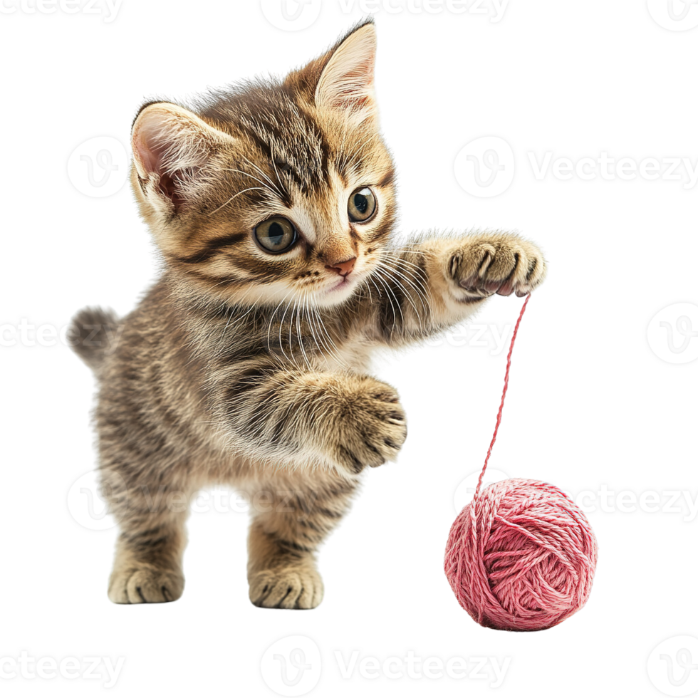 Charming Kitten with Big Eyes Playing with String and Yarn Ball Isolated on Transparent Background png