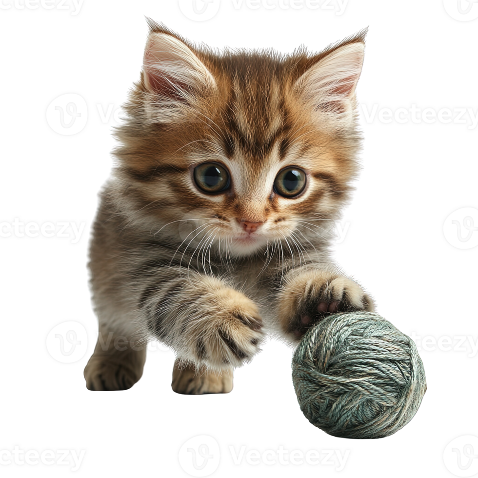 Close-Up of Adorable Kitten Playing with Yarn Isolated on Transparent Background png