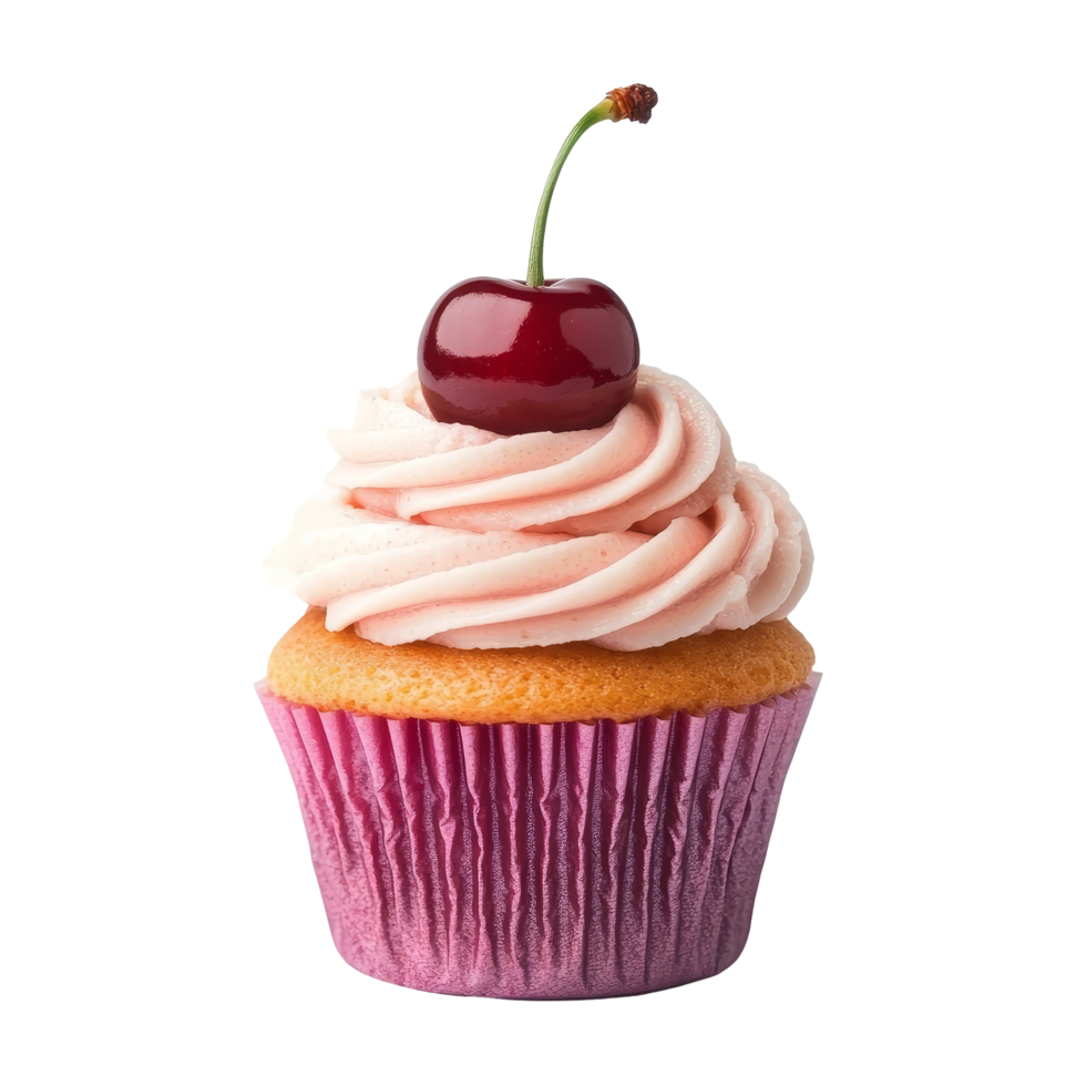 Delightful cupcake topped with pink cream and a cherry on a transparent background to satisfy your sweet cravings, cupcake with cherry and pink cream isolated on transparent background png
