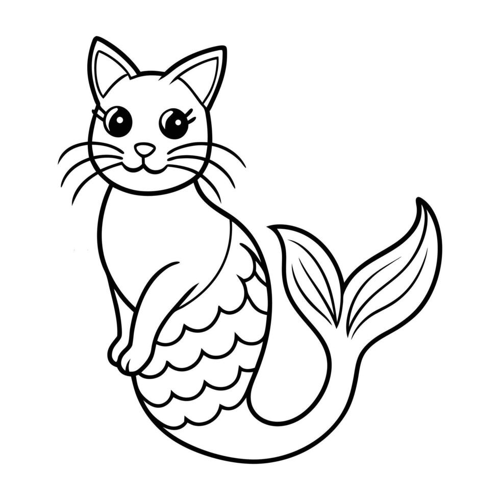 Cute Cat Mermaid Outline Illustration Set for Coloring Book vector