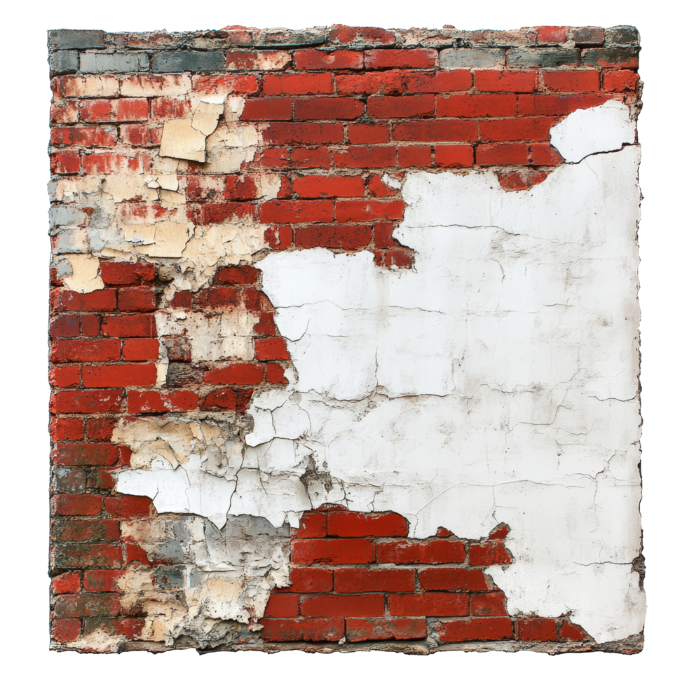 Weathered red brick wall showing cracks and peeling paint in an abandoned structure revealing years of neglect, Ruined, collapsed, cracked, or broken weathered red brick wall transparent background png