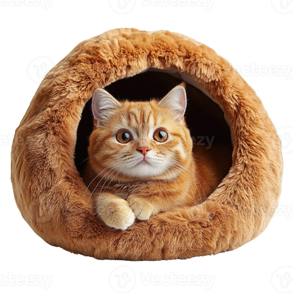 Adorable Fluffy Kitten Resting in Cozy Dome Shaped Cat Bed Made of Soft Plush Fabric on Transparent Background png