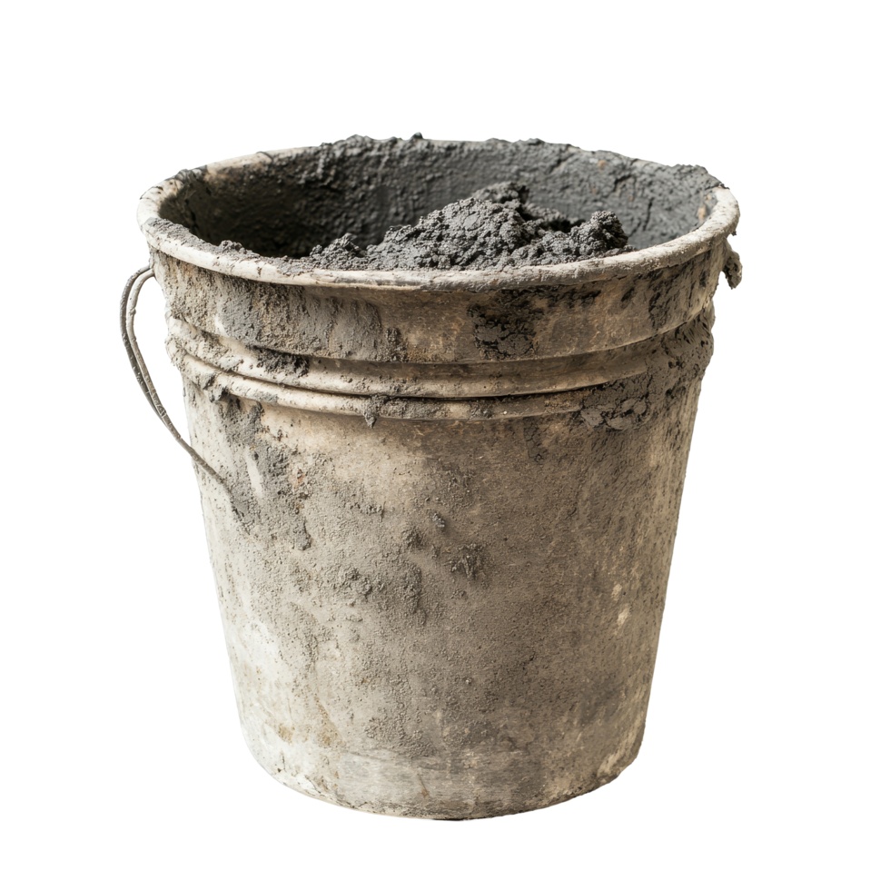 Bucket of cement sitting alone on a transparent background, showcasing its rough texture and practical use, bucket of cement, isolated on transparent background png