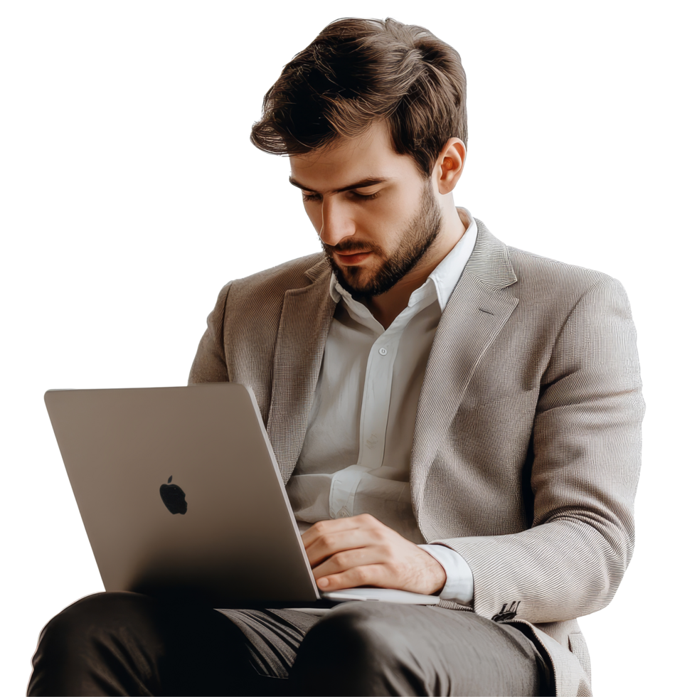 Businessman with laptop engaged in work at a modern office during daytime hours, file no background Businessman connecting with his laptop png