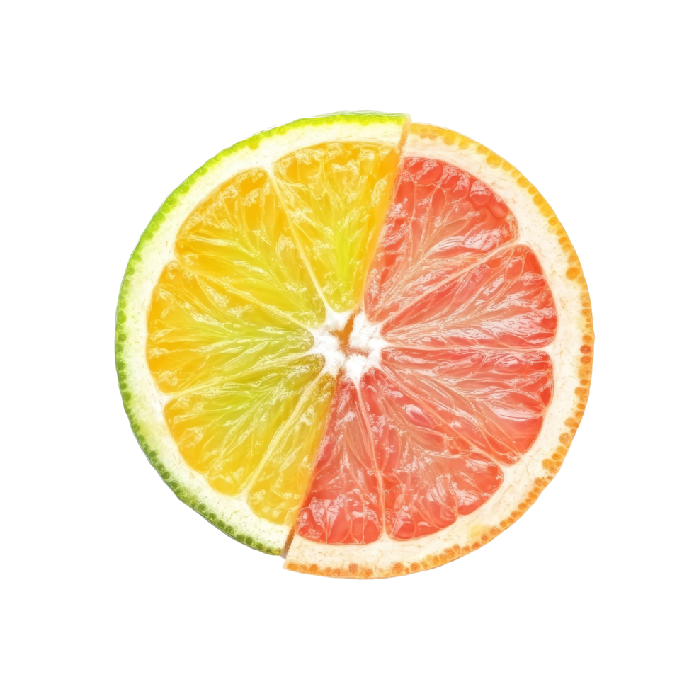 Freshly cut half of a ripe pink grapefruit showcasing its vibrant orange and yellow segments on a clean transparent background, Ripe half of pink grapefruit citrus fruit on transparent background png