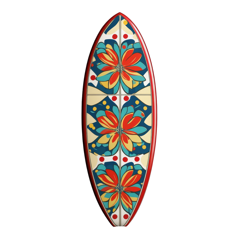 Retro surfboard with vibrant floral pattern isolated against a transparent background for summer beach activities, surf board with retro pattern isolated on transparent background or transparent png