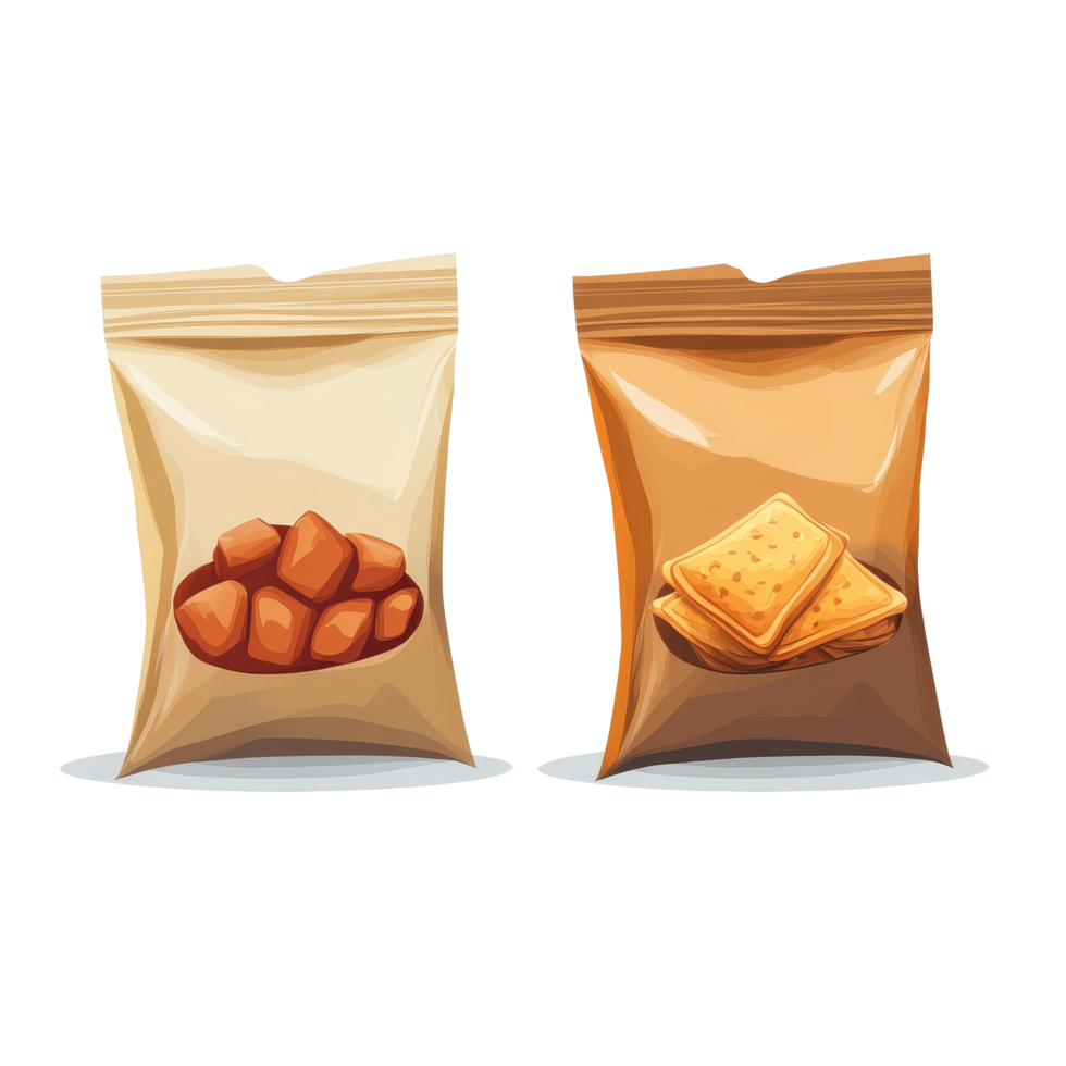 Illustration of snack packaging featuring crackers and a savory mixture in clear bags on a transparent background, Packaging for snack isolated Stock Illustration png
