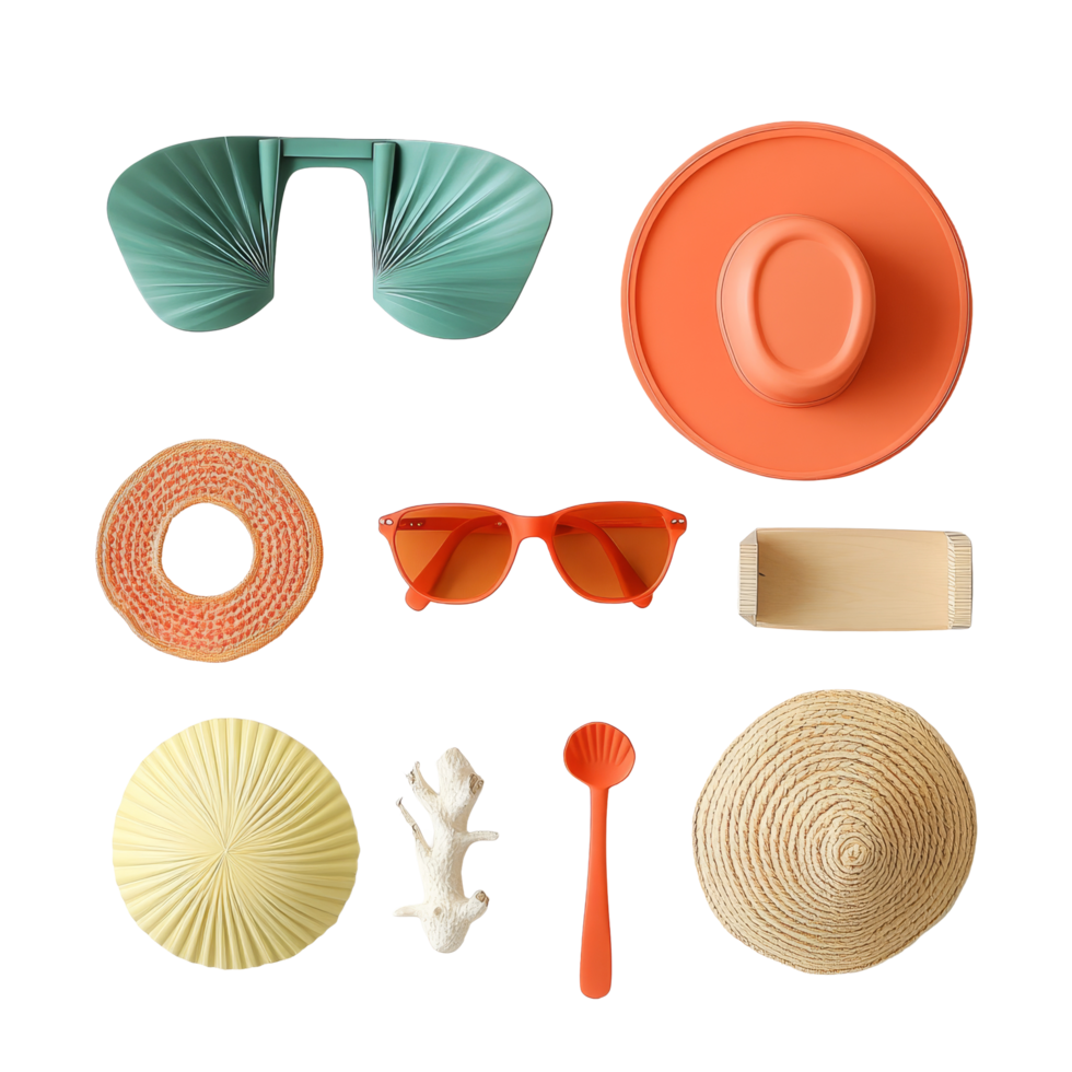 Bright beach accessories arranged creatively on a transparent background for summer fun, Beach Accessories on transparent background png