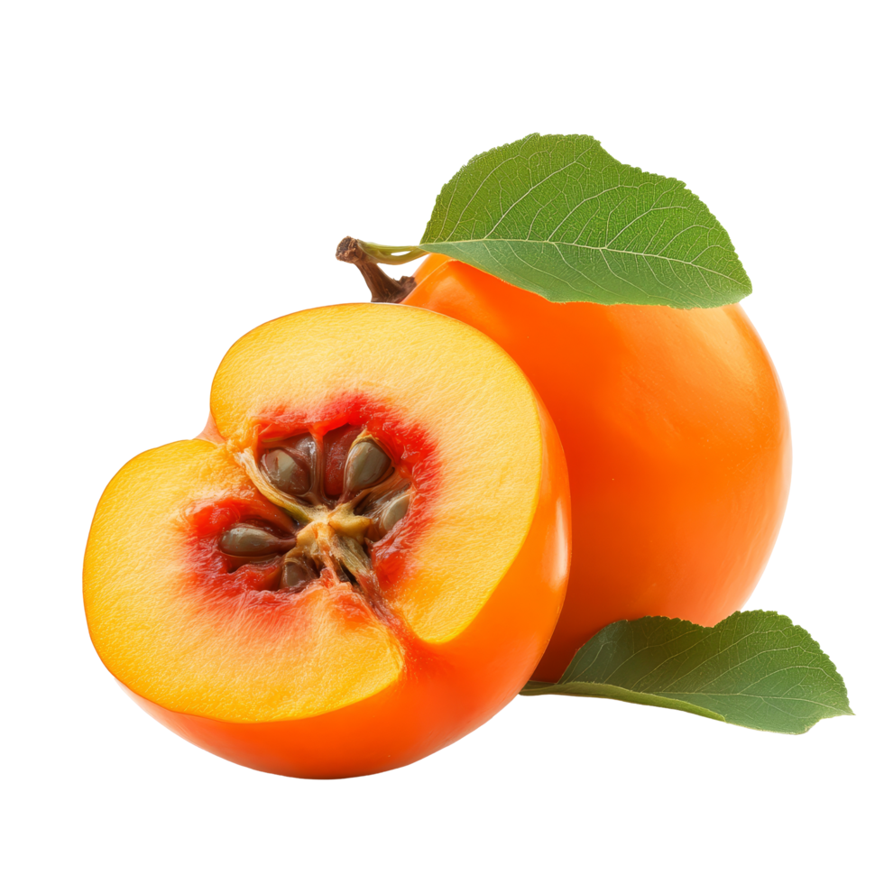 Ripe persimmons sliced to reveal vibrant orange flesh and seeds with green leaf, isolated on transparent background, slice ripe persimmons with leaf isolated on transparent background png