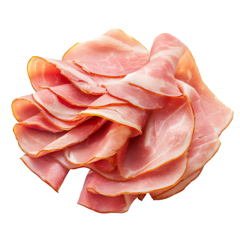 Sliced ham arranged elegantly on a clean transparent background for culinary presentations and meal preparation, Sliced ham isolated on transparent background png