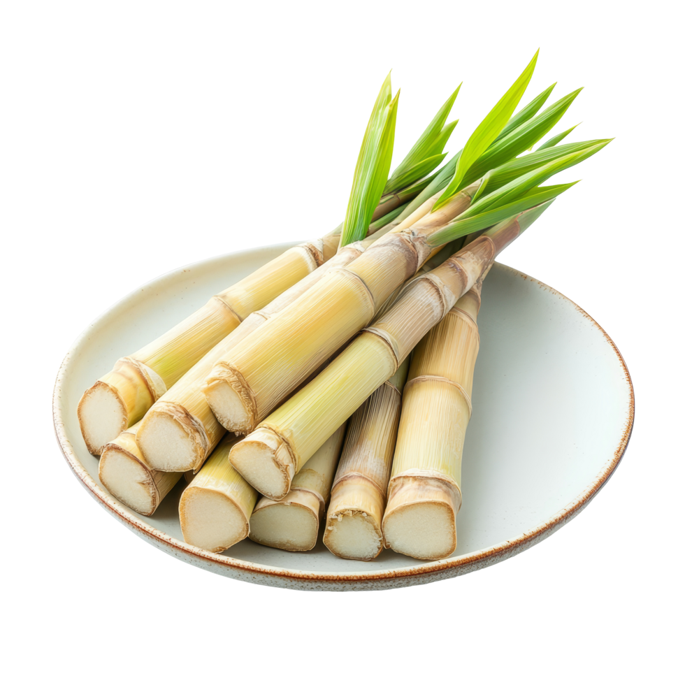 Bamboo shoots on a round plate highlight their natural beauty against a transparent background, Bamboo shoot in a plate isolated on transparent background png