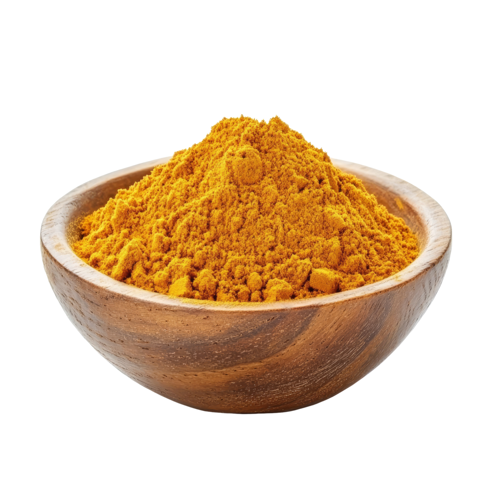 A vibrant pile of turmeric curcuma powder in a wooden bowl isolated on a clean transparent background, Turmeric Curcuma powder pile in wood bowl isolated on transparent background png