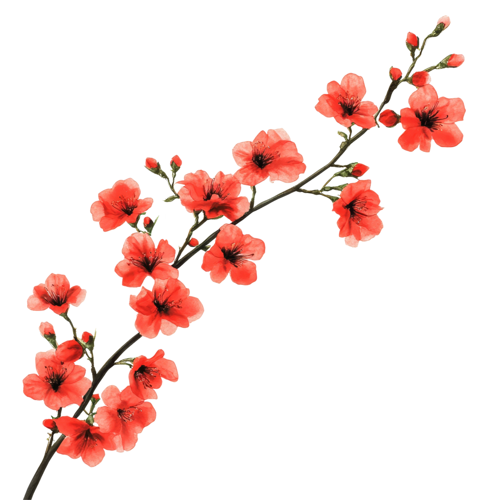 Branch of vibrant red flowers against a clean transparent background highlighting natural beauty, Branch of Red Flowers on transparent background png