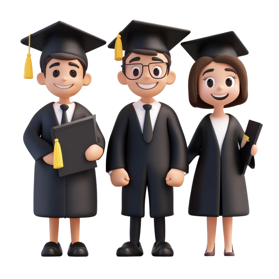 Graduating cartoon students celebrating their achievement in cap and gown against a transparent background, 3D Cartoon Students Graduaded On transparent background png