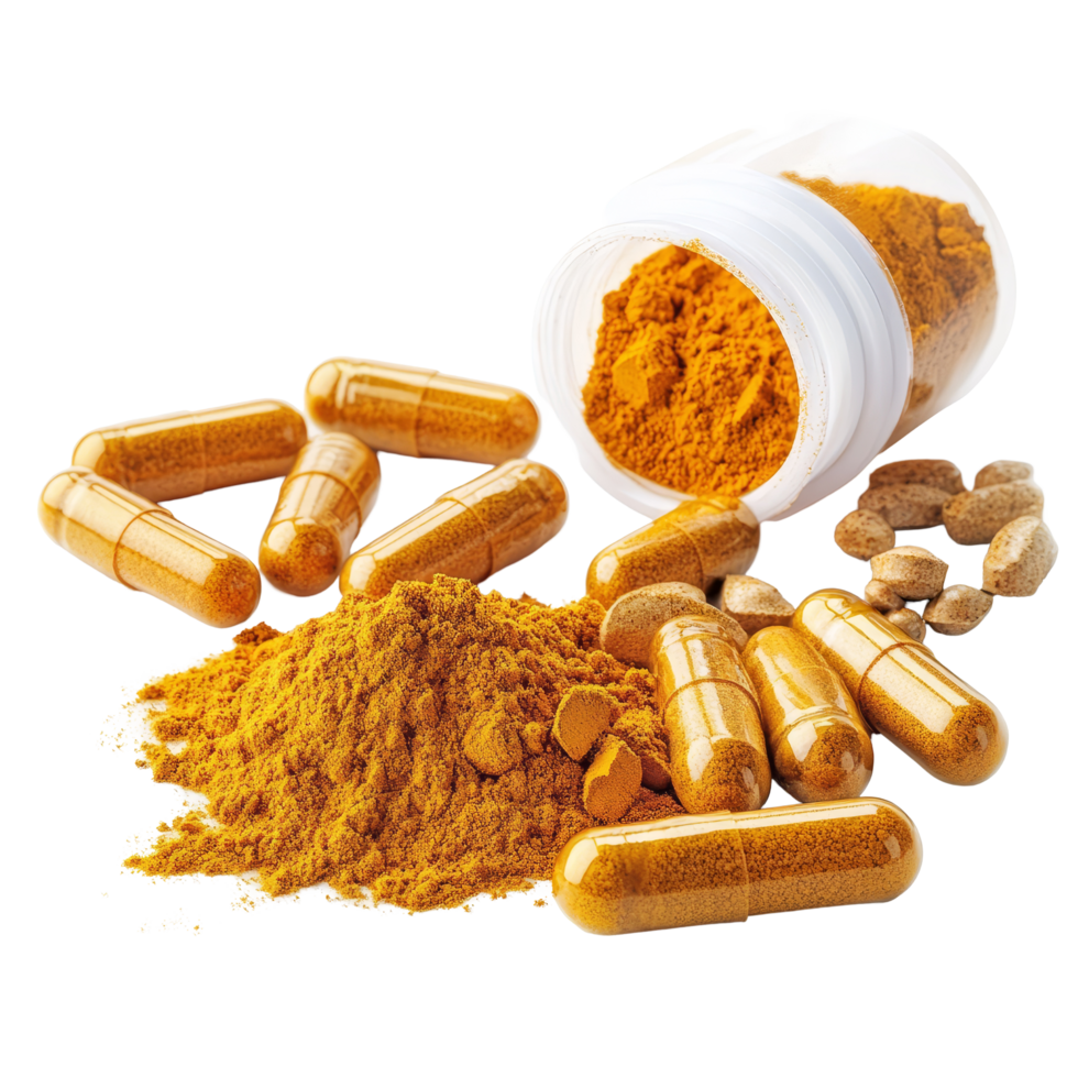 Turmeric powder and capsules arranged on a transparent background showcasing natural health supplements, Turmeric powder and turmeric capsules on transparent background png