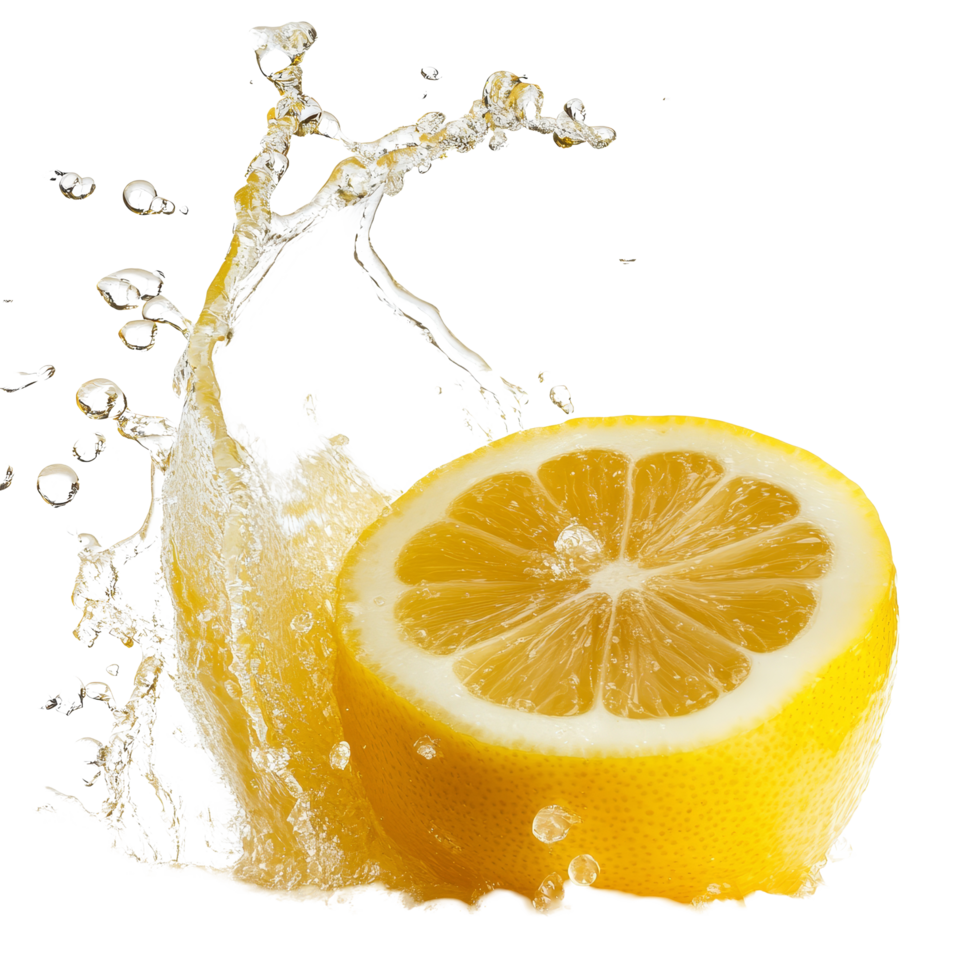 Fresh lemon cut in half with juice splashing on a clean transparent background during bright daylight, Fresh grape juice splash on transparent background png