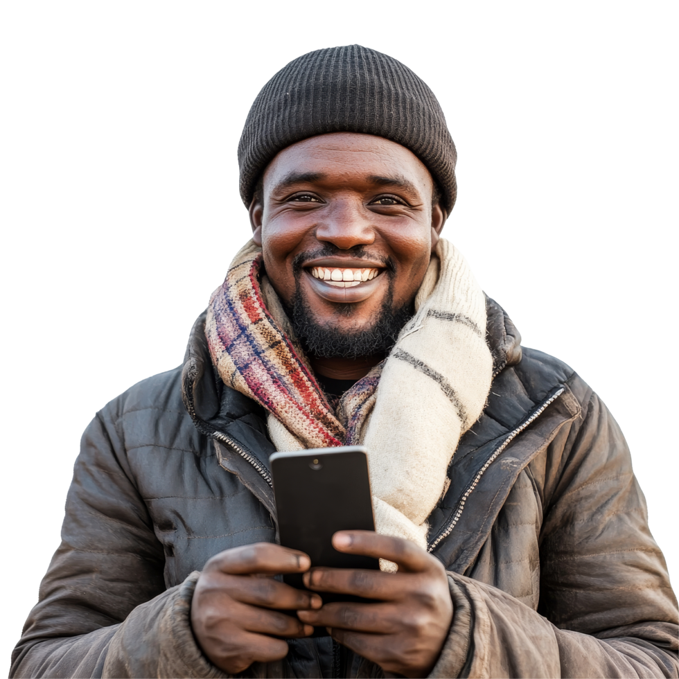 Smiling African man in warm clothing using smartphone against a transparent background, Smiling African Man With Phone on transparent background png