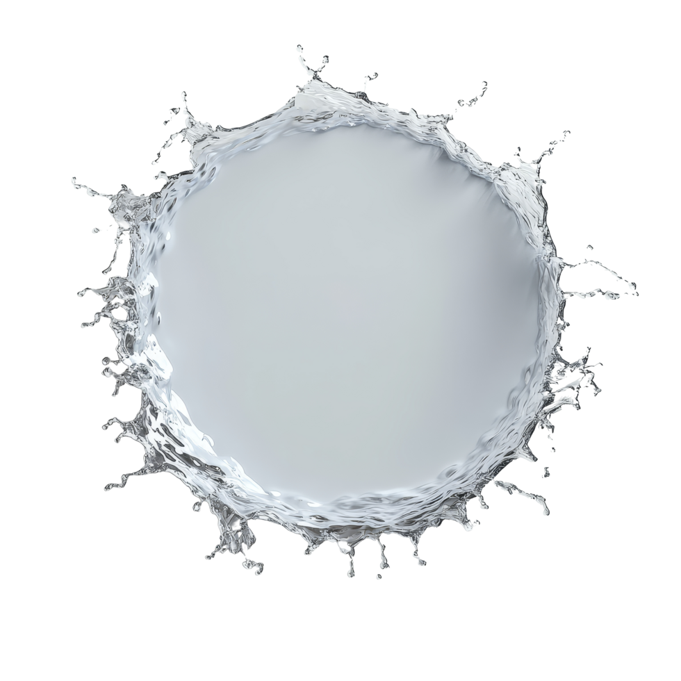 Water splashes dramatically from a circular shape, creating dynamic droplets in a minimalist setting, Water splashing out from circle shape isolated 3d rendering png