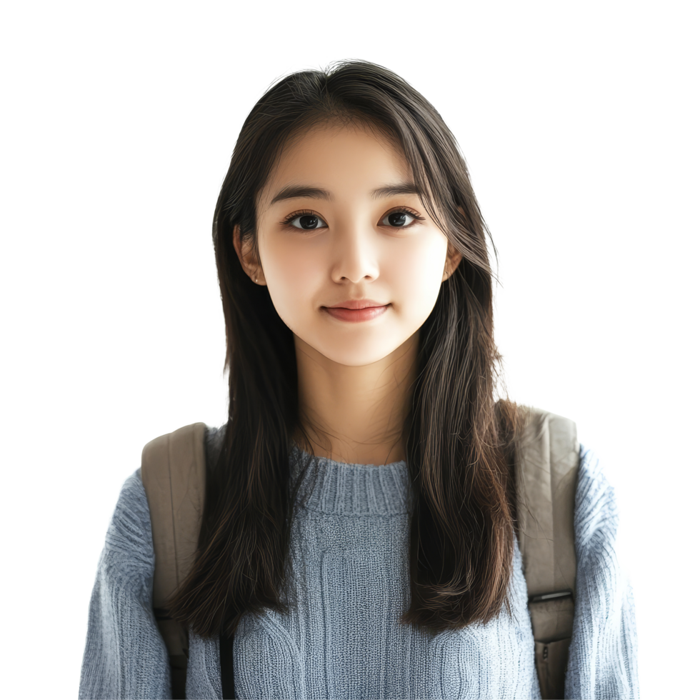 Young Asian female student wearing a sweater poses confidently with a backpack in a bright, isolated setting, young asian female student isolated on transparent background png