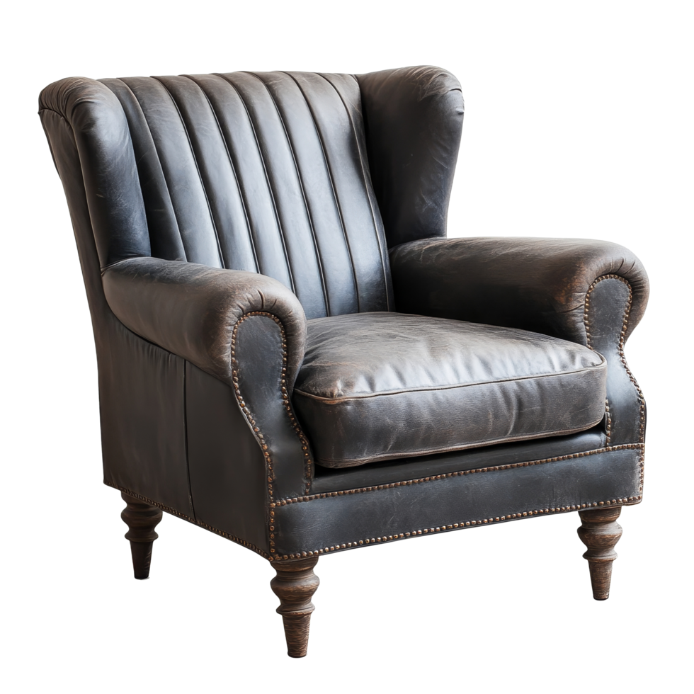 Stylish dark gray leather armchair in an elegant setting, perfect for relaxing in any modern living space, dark gray leather armchair isolated png