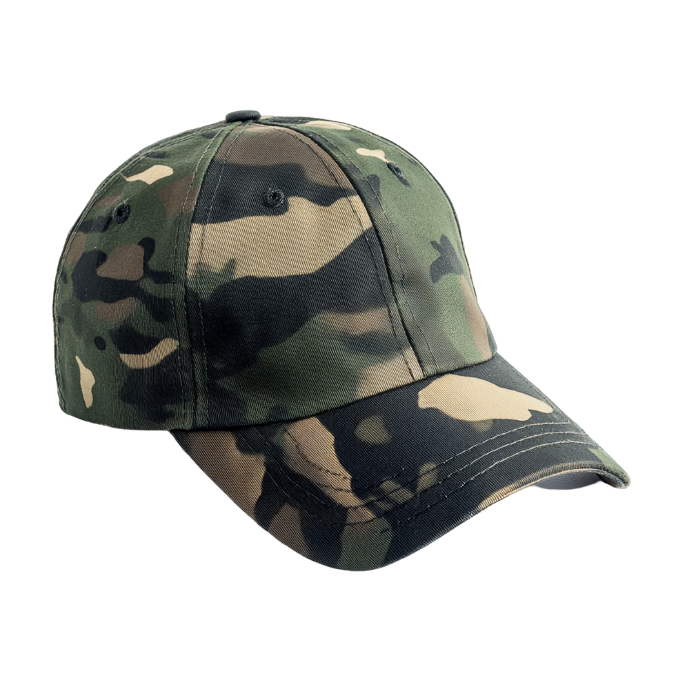 Military camouflage baseball caps displayed on a clean transparent background for outdoor and tactical wear, Military Camouflage Baseball Caps on transparent background png