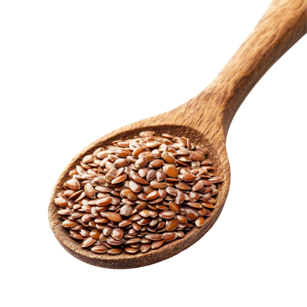 Flax seeds in wooden spoon isolated on a transparent background for culinary and health uses, Flax seeds in wood spoon isolated on transparent background png