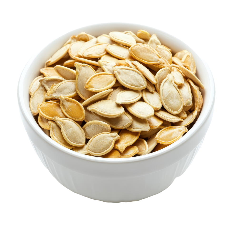 Pumpkin seeds piled in a transparent bowl on a bright transparent background showcasing their natural color and texture, Pumpkin seeds in transparent bowl on transparent background png