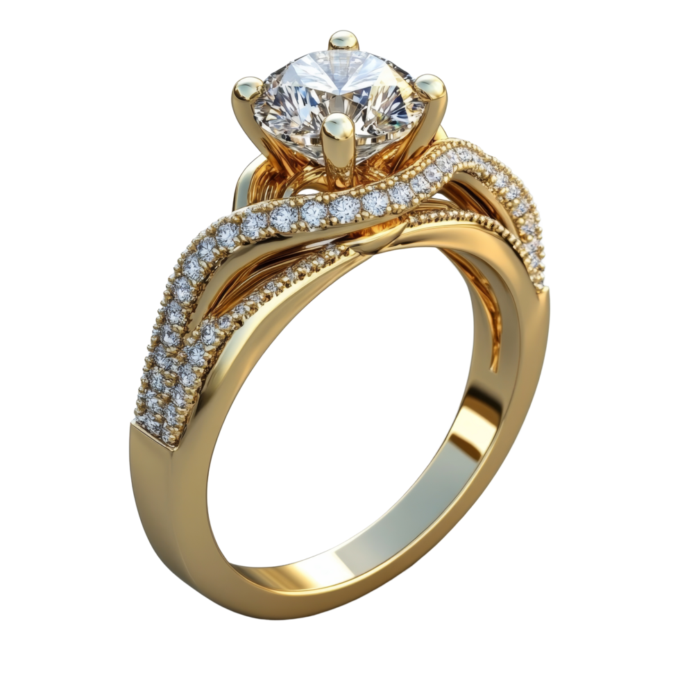 Elegant engagement gold ring with a sparkling diamond on a smooth transparent background, engagement gold ring transparent background png