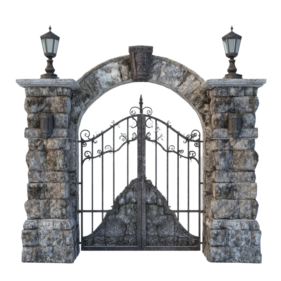 A beautiful stone gate with decorative lanterns in front of a pristine transparent background, Beautiful stone gate on a transparent background png