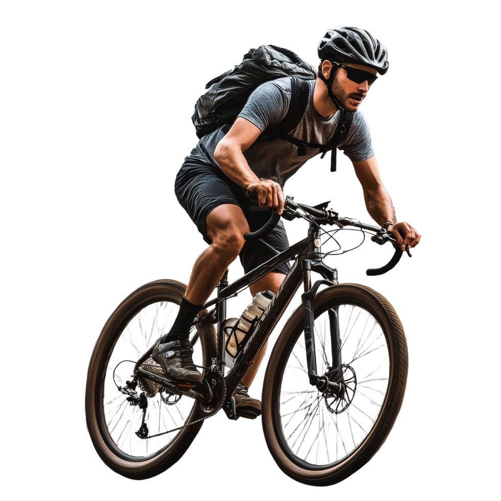 A man rides a mountain bike with a backpack, showcasing skill and determination in a dynamic outdoor setting, man riding a bike on transparent background backgroud png
