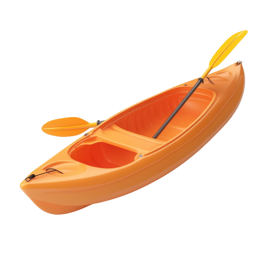Stylish orange plastic kayak with a yellow paddle perfect for summer adventures on calm waters, Orange plastic kayak with yellow paddle. 3D render, isolated on transparent background png