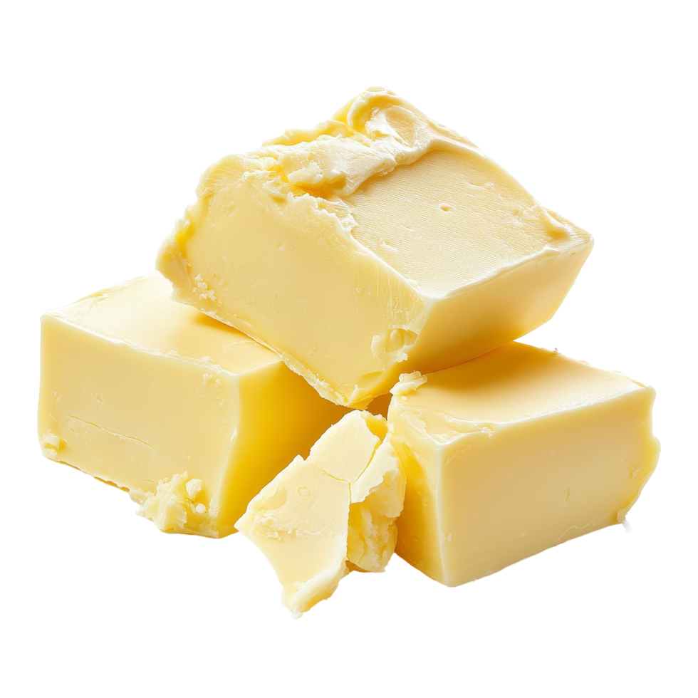 Freshly cut butter blocks on a plain transparent background showcasing their smooth texture and rich yellow color, butter on transparent background png