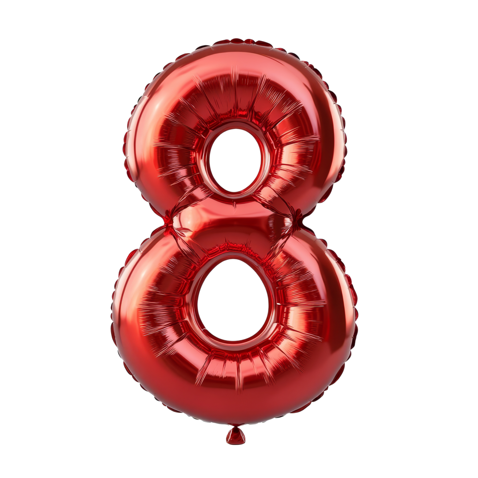 Bright red metallic inflatable number eight balloon for celebrations or parties, isolated on a clean background, Number 8 eight red metallic inflatable balloon isolated on transparent background png