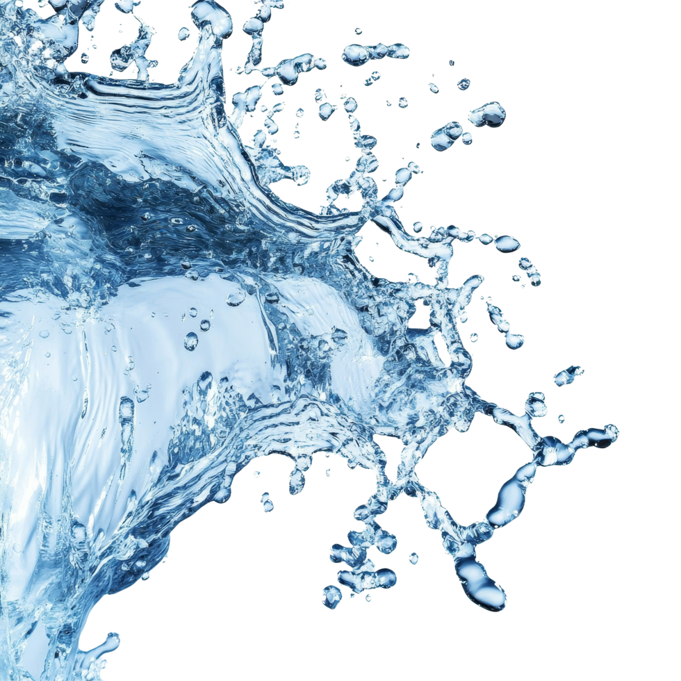 Isolated splash of flowing water creating dynamic droplets against a transparent background, Flowing water splash isolated png