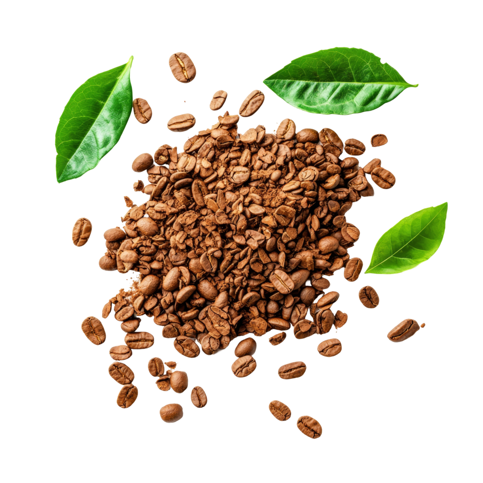 Instant coffee granules and fresh green leaves arranged on a clean transparent background, showcasing natural ingredients, instant coffee and leaves on transparent background png
