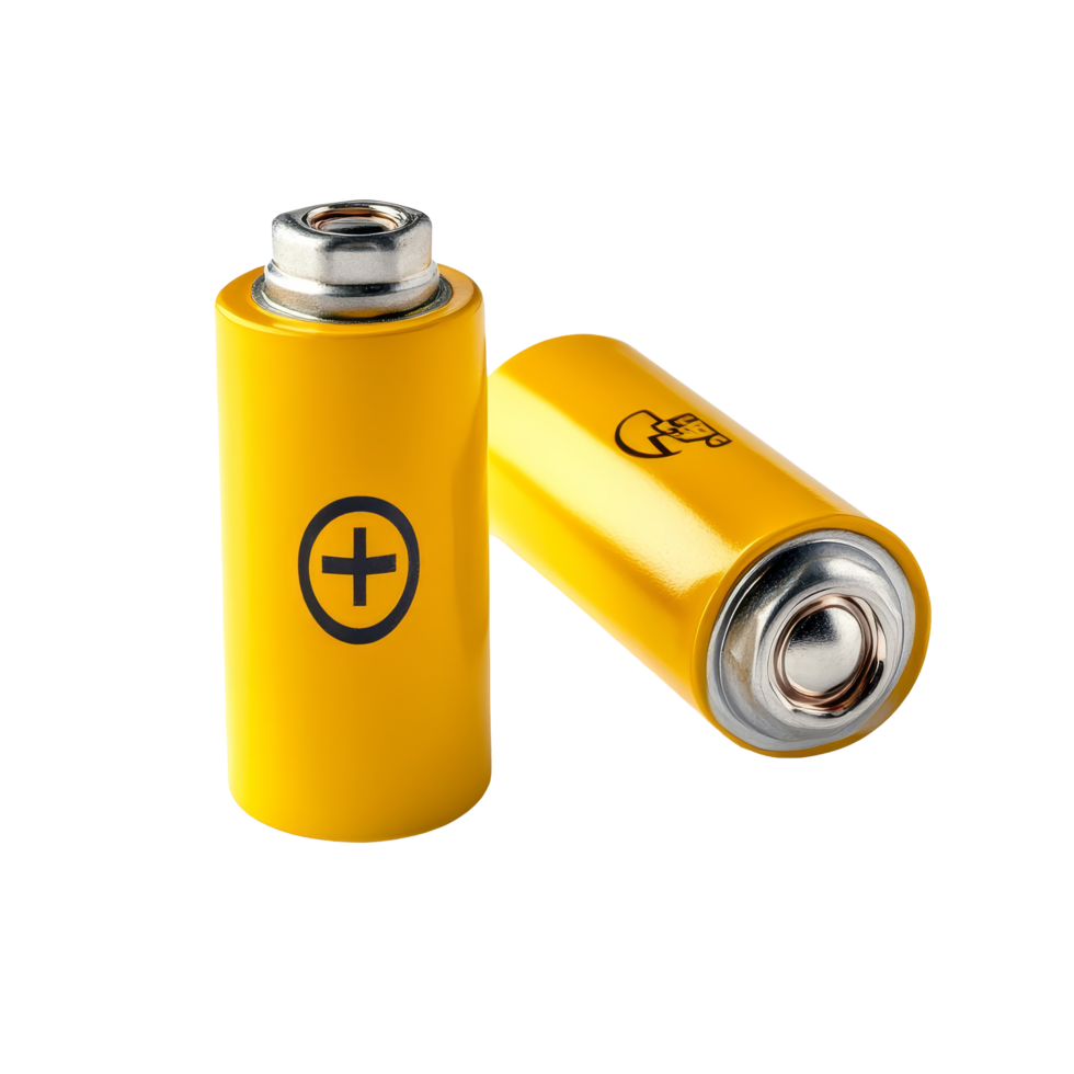 Yellow alkaline AA batteries with plus symbol for powering various electronic devices, AA batteries, yellow cylinder alkaline with plus and minus isolated on transparent background png